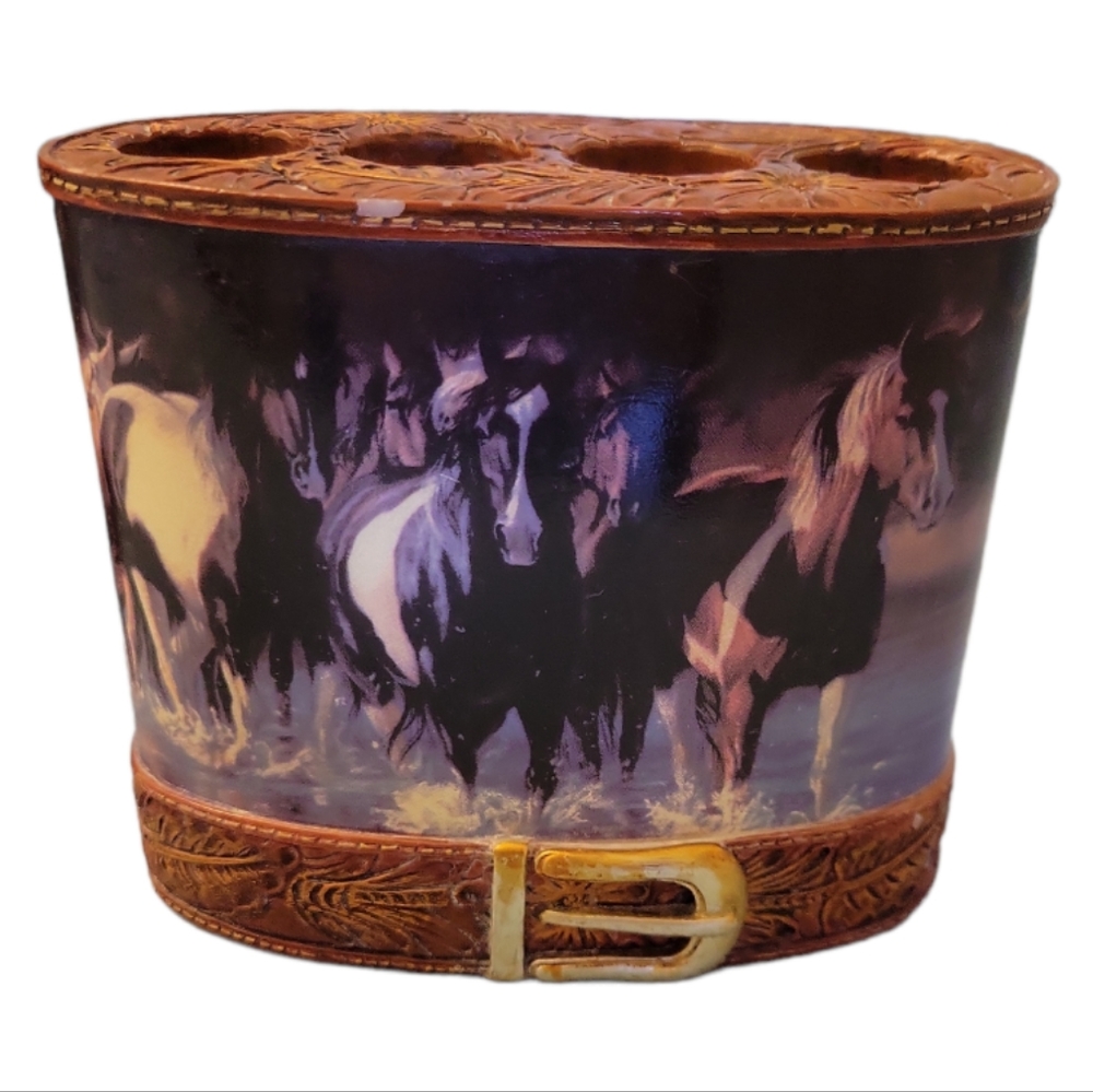 Vtg Wild Horses Toothbrush Holder Western Belt Leather Tool Look Floral Ranch